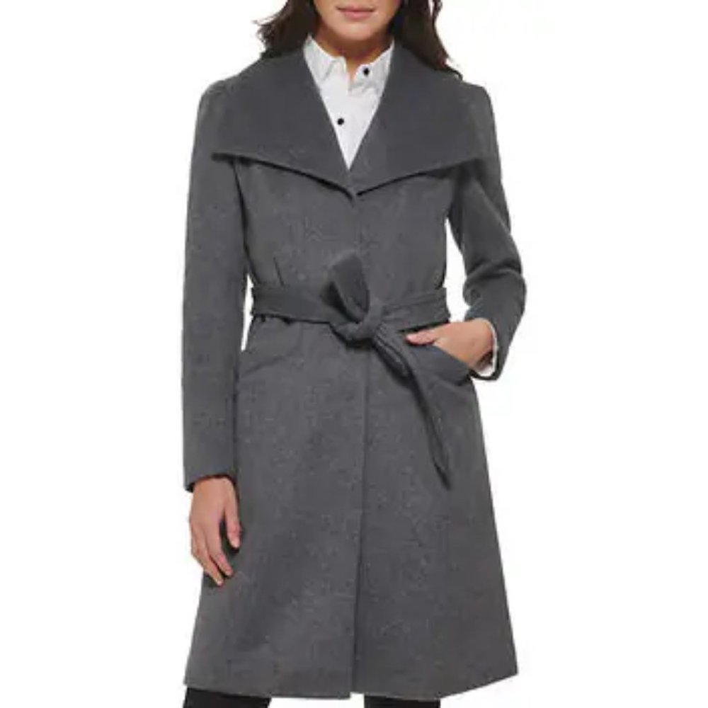 Karl Lagerfeld Belted Wool Blend Coat, Grey, L - Picture 1 of 3
